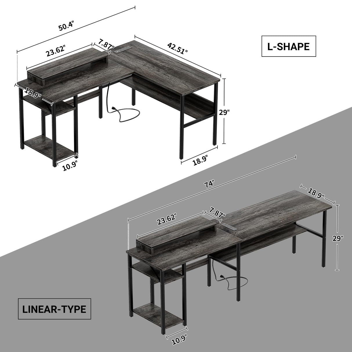 Unikito Reversible L Shaped Desk with Power Outlets and RGB LED Light, Sturdy Computer Desk with Ergonomic Monitor Stand and Storage Shelves, Corner Desk for Home Office, Easy Assembly, Black Oak Unikito