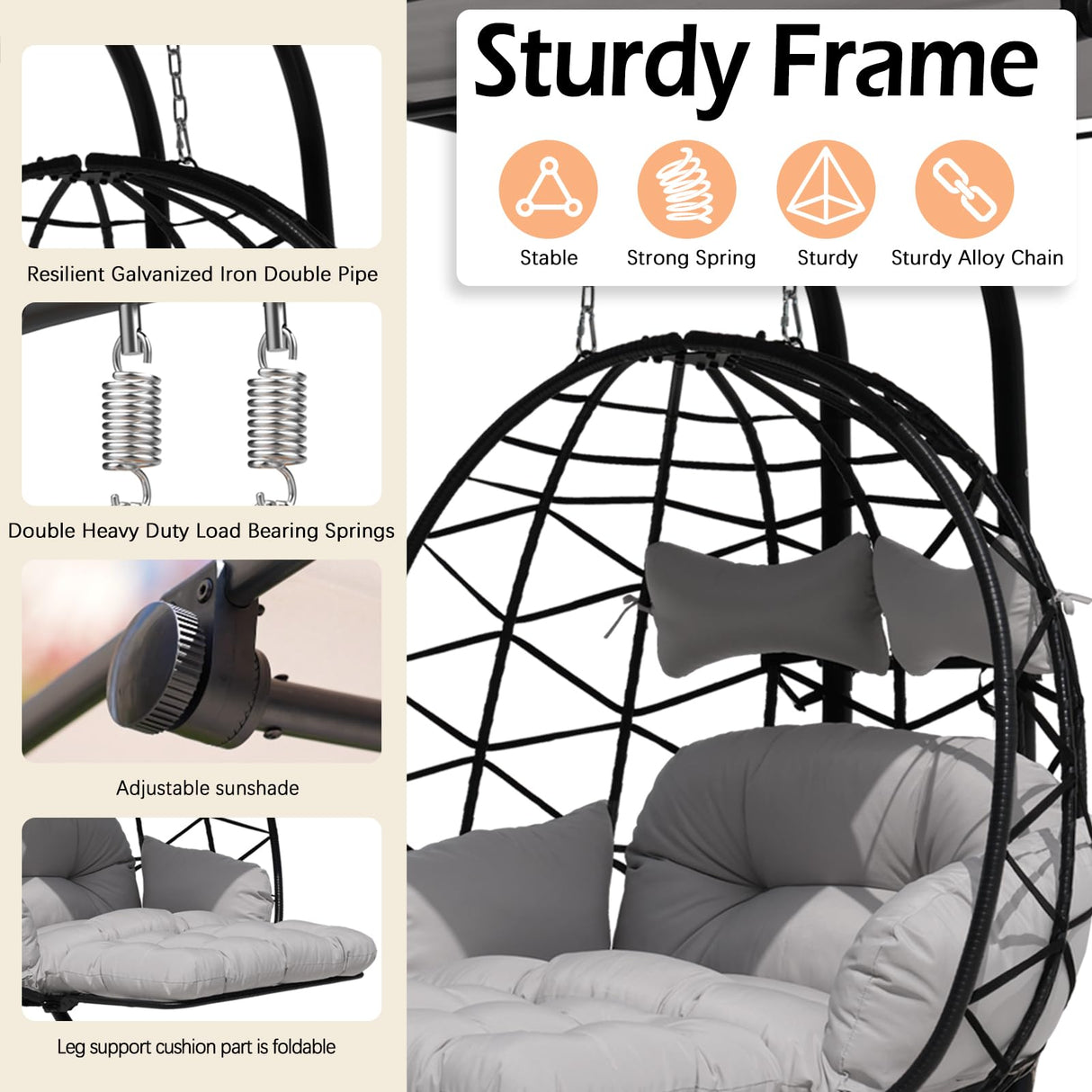 Double Egg Chair Outdoor with Stand & Adjustable Canopy, Extra Large 2 Person Patio Egg Chair with Leg Rests, Hanging Swing Chair with Thickened Cushion, Swinging Love Seat for Outdoor Patio (HQH) VIXLON