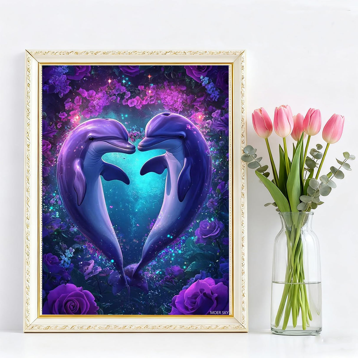 MOER SKY Dolphin in Flower Diamond Painting Kits Couple Full Diamond Art, 5D Diamond Painting Cartoon Diamond Art Kit, Rich and Fun Home Decor Wall Decor Handmade Crafts 12x16 Inch MOER SKY