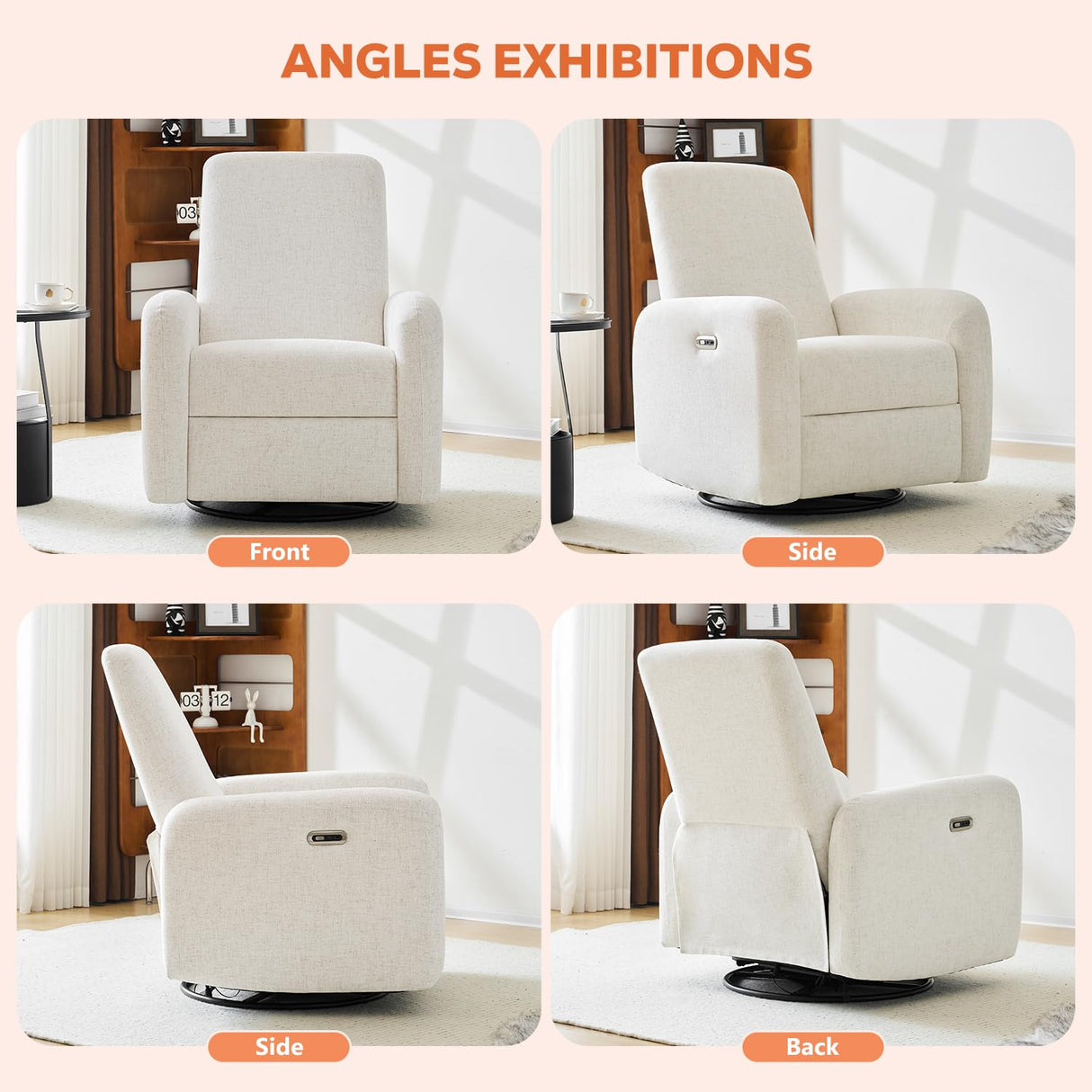 SENYUN Power Recliner Chair, Swivel Rocker Recliner w/USB & Type-C Charging Ports, Chenille Upholstered Swivel Rocker Glider Recliner for Nursery,Living Room, Bedroom, 1PC, Cream SENYUN