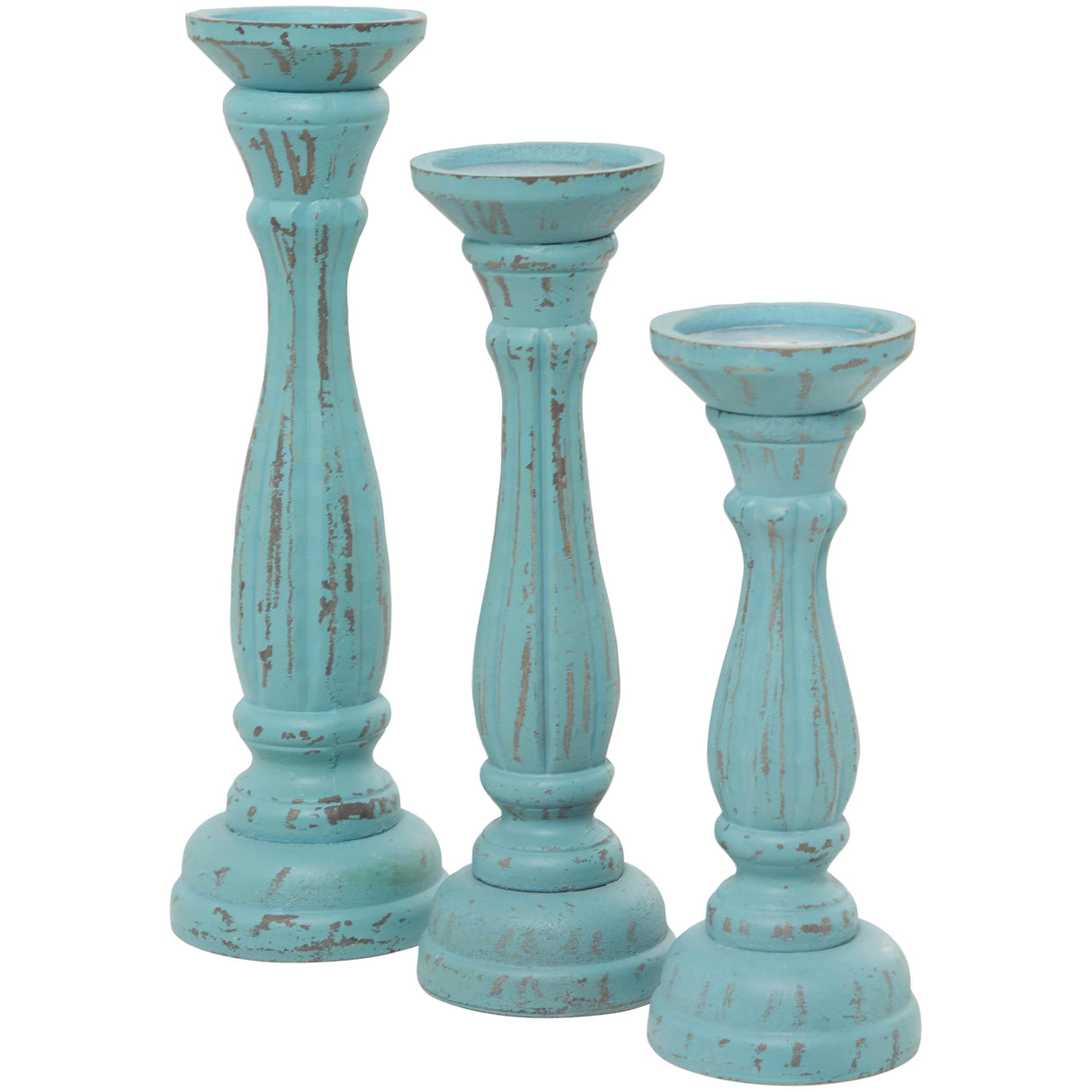 Deco 79 Wooden Decorative Candle Holder Distressed Candle Stand, Set of 3 Candlestick Holder 15", 13", 11"H, Blue Deco 79