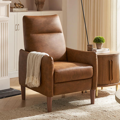 mopio Arthur Recliner Chair with 3 Positions, Accent Armchair, Mid Century Modern Reading Chair, High Back Padded Support Comfy Sleeper Armchair (Pecan Brown Faux Leather)