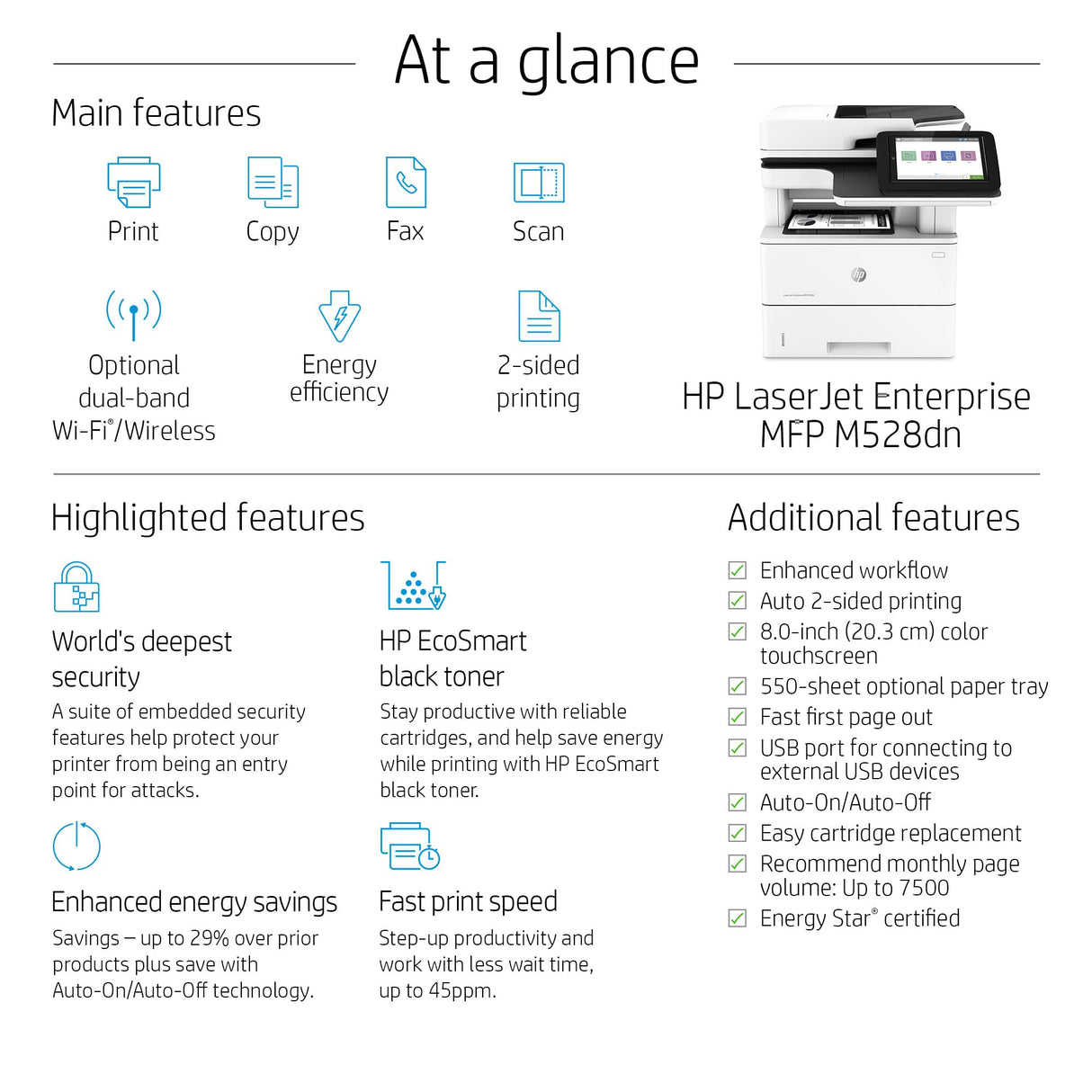 HP LaserJet Enterprise MFP M528dn Monochrome All-in-One Printer with built-in Ethernet & 2-sided printing (1PV64A), White HP