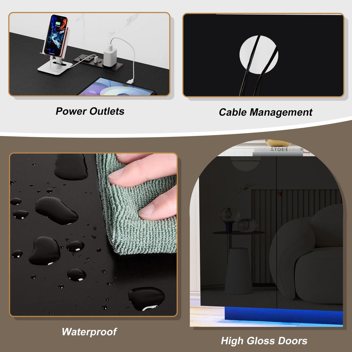 Anbuy Buffet Cabinet with LED Lights Sideboard with Storage Coffee Bar with Charging Station Buffet Cabinet with High Gloss Doors for Kitchen, Bedroom, Living Room (Black LED) Anbuy