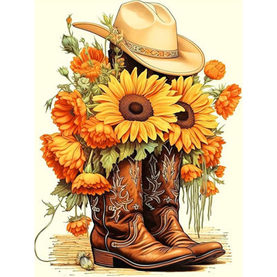 Diamond Art Kits for Adults Cowboy Boot, DIY 5D Diamond Painting Kit for Beginners Sunflower, Cowboy Hat Full Round Drill Gem Art Dots for Adults, Perfect for Home Wall Decor 12X16 Inch