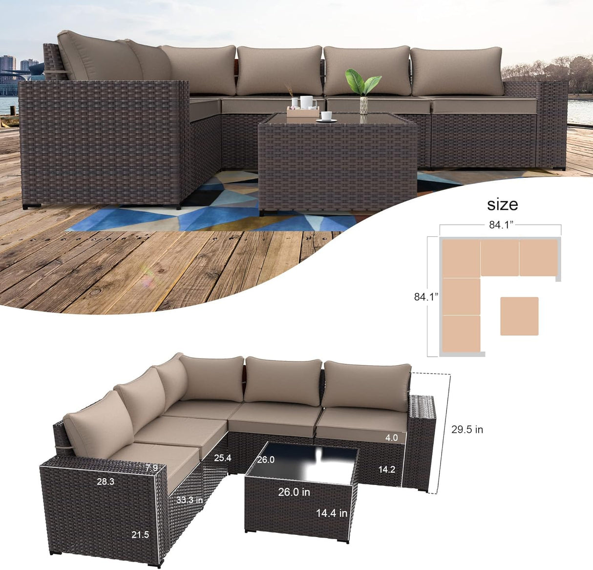 Kullavik 9 Pieces Outdoor Patio Furniture Set,PE Wicker Rattan Sectional Sofa Patio Conversation Sets,Swivel Rocking Chairs Set,Sand Kullavik