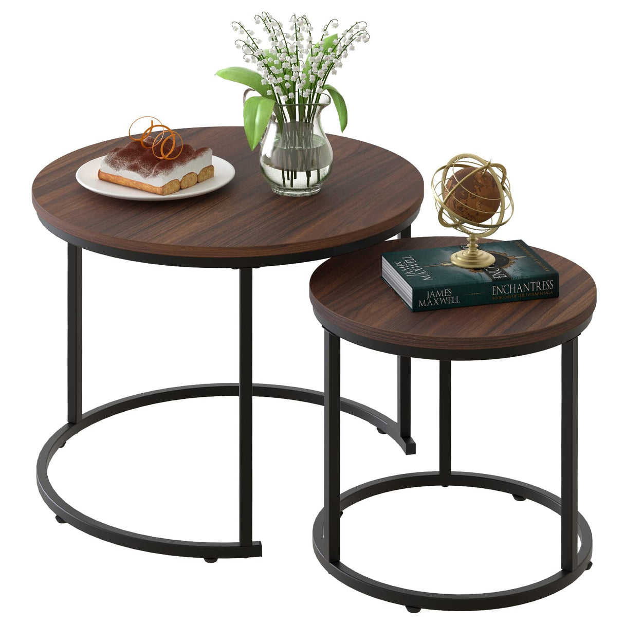 aboxoo Coffee Table Nesting Side Round Set of 2 End Table Top Sturdy Metal Frame Desk Centerpiece Living Room Bedroom Apartment Modern Industrial Simple Nightstand aboxoo