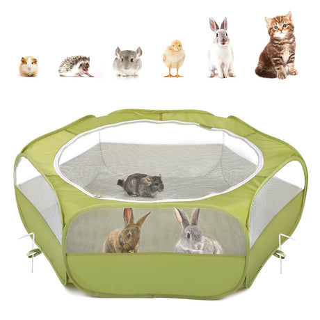 Pawaboo Small Animals Playpen, Waterproof Small Pet Cage Tent with Zippered Cover, Portable Outdoor Yard Fence with 3 Metal Rod for Chick/Kitten/Puppy/Guinea Pig/Rabbits/Hamster/Chinchillas,Green Pawaboo
