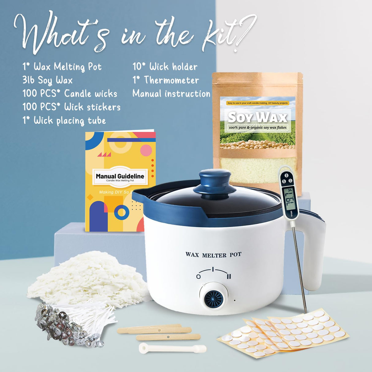 Soy Wax for Candle Making Kit - DIY Soy Candle Making Supplies with 3lbs Natural Soy Wax Flakes, Electric Wax Melter, Thermometer, Wicks, Perfect for Making Your Own Candles KQU