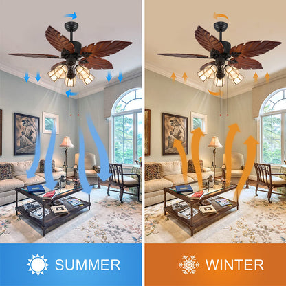 52'' Tropical Ceiling Fan with Remote Palm Wooden Leaf Ceiling Fan with 5 Glass Lampshade and Hand-Carved Reversible Blades for Indoor/Outdoor Living Room Bedroom Kitchen by Akronfire - WoodArtSupply