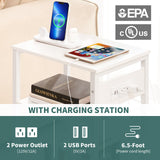 Yoobure Record Player Stand, 3-Tier White Side Table with Charging Station, Small End Table Nightstand with Vinyl Storage, Tall Beside Tables Turntable Stand for Album CD, Night Stand for Living Room Yoobure