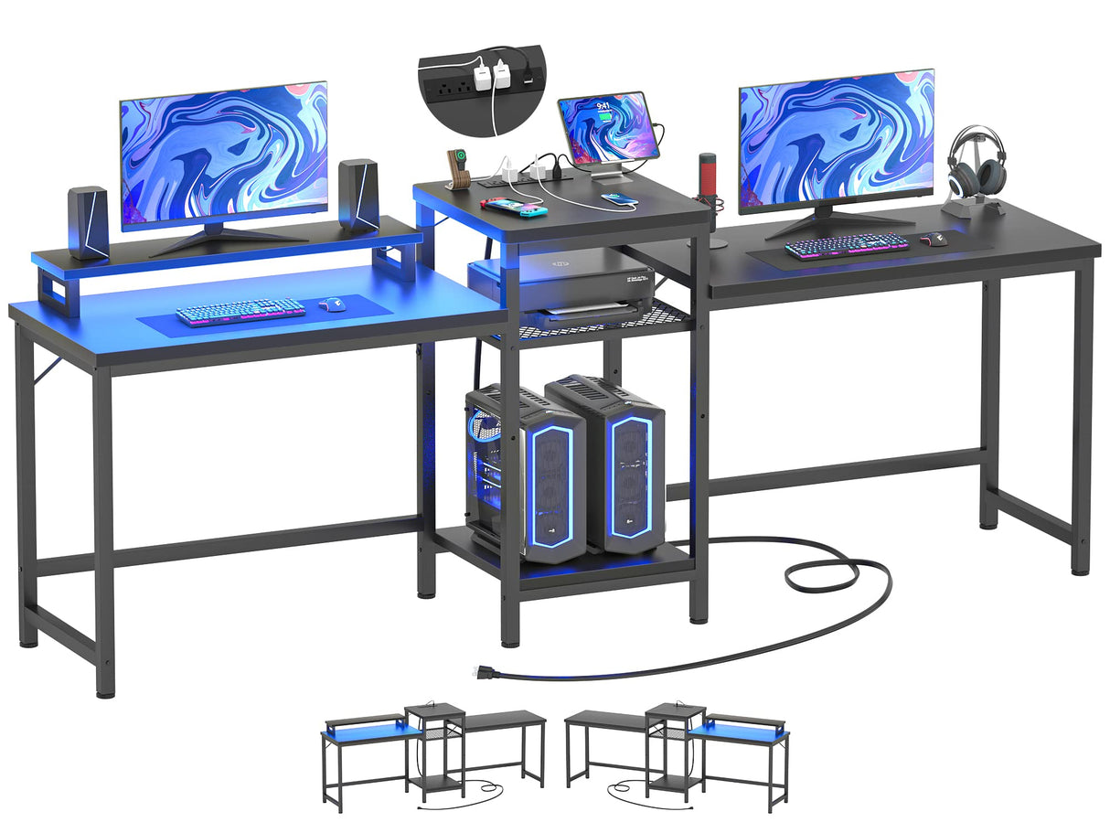 Unikito 2 Person Computer Desk with LED Light and Power Outlet, Double Gaming Desk, Large Workstation with Storage and Printer Stand, Long Desk, Office Work Desk with Shelf, Writing Study Table, Black Unikito