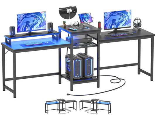 Unikito 2 Person Computer Desk with LED Light and Power Outlet, Double Gaming Desk, Large Workstation with Storage and Printer Stand, Long Desk, Office Work Desk with Shelf, Writing Study Tab - WoodArtSupply