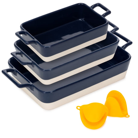 Casserole Dish Set - 3 Ceramic Baking Dishes for Oven with Silicone Oven Mitt - Rectangular Bakeware is Microwave, Freezer and Dishwasher Safe - Cooks Evenly and Saves Space with Nesting Design Kitchen Pixie