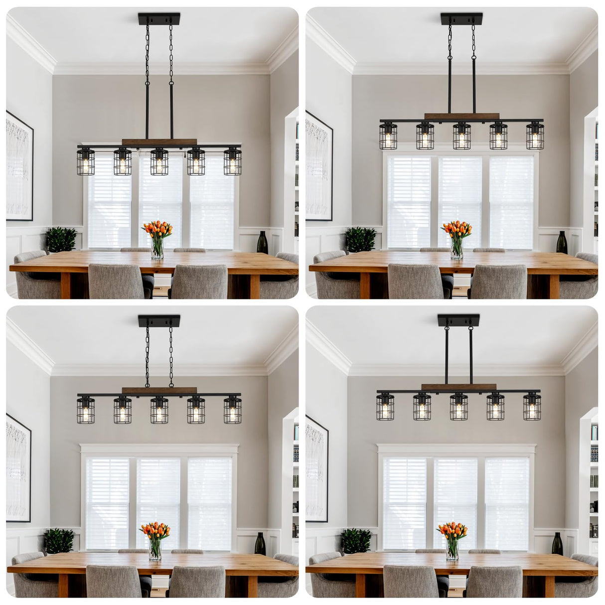 LmnLvn Dining Room Light Fixture/Chandelier Over Table, 36.2-Inch Hanging for Farmhouse Linear Chandeliers,5-Light Kitchen Island Lighting, Black Rustic Wooden Ceiling Chandelier,with Metal lampshade LmnLvn