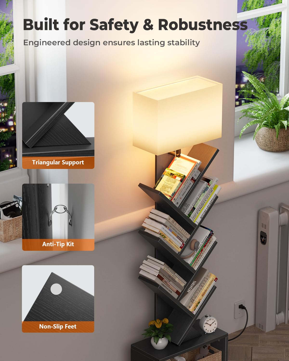 Evermagin 6 Tier Tree Bookshelf with Light, Small Bookcase Tower for Books/CDs/Movies, Sturdy Tall Floor Standing Book Organizer with Storage Cabinet for Living Room, Bedroom and Home Office (Black) Evermagin