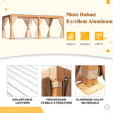 YOLENY 10 x 20 FT Louvered Pergola, Wood Grain Pergola with Adjustable Aluminum Waterproof Roof, Sun Shade Shelter with Netting and Curtains for YOLENY