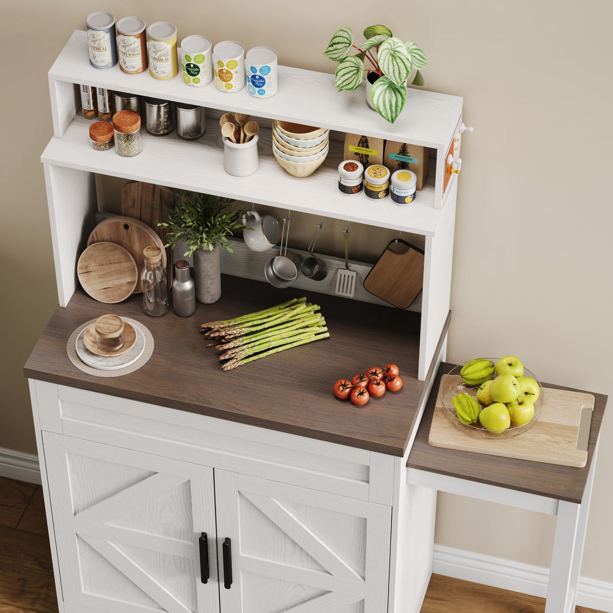 ANCTOR Coffee Bars Farmhouse Cabinet with Hutch, 56.7'' Extendable Kitchen Buffet Sideboard with 5 Hooks, Magnetic Note Zone Adjustable Shelves, White Wine Cabinet for Dining Room ANCTOR