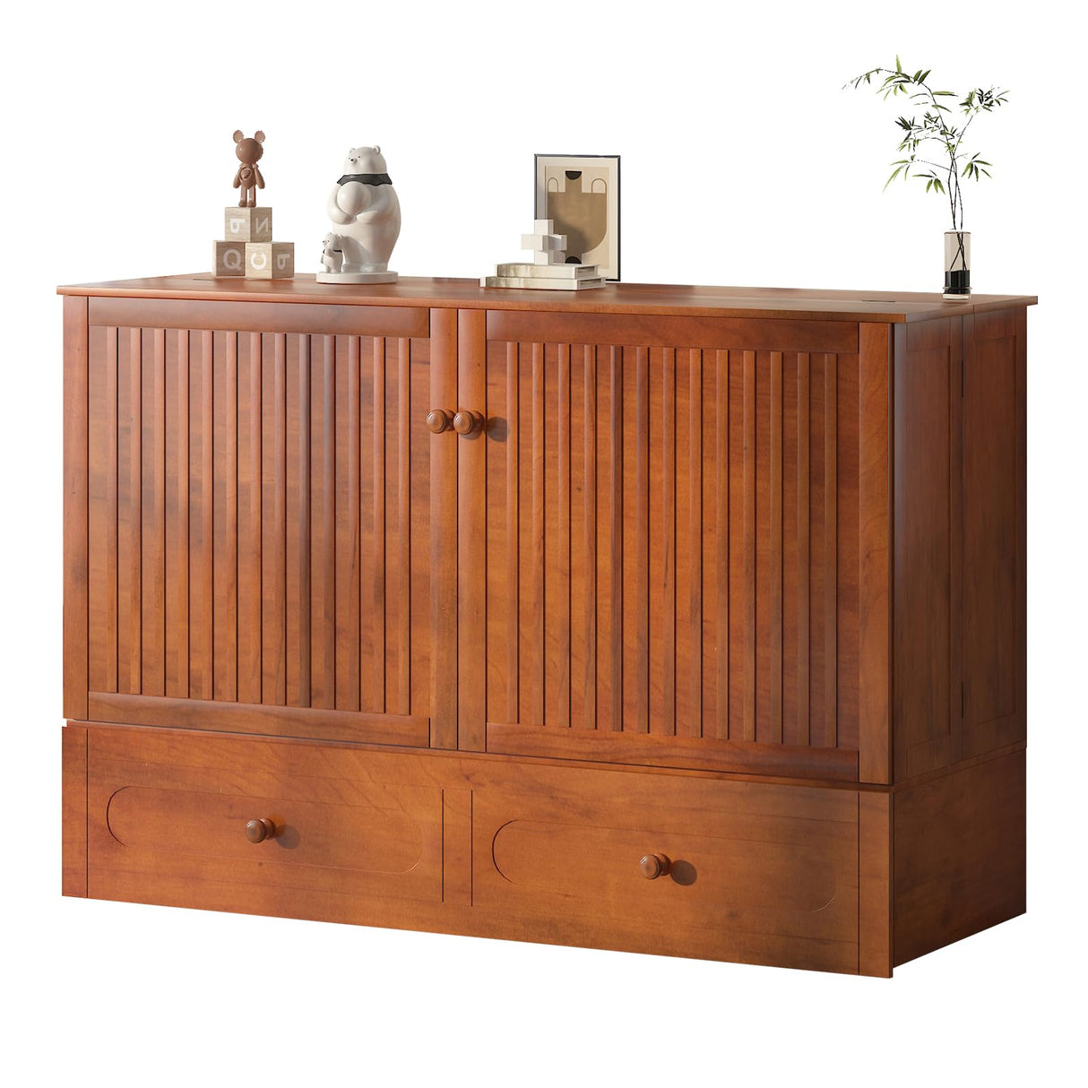 Mjkone Queen Size Murphy Bed Cabinet with Drawers and USB Charging Station, Wooden Versatile Wood Chest Cabinet Wall Bed with Tri-Fold Mattress, Modern Guest Beds for Bedroom Home Apartment - Cherry Mjkone