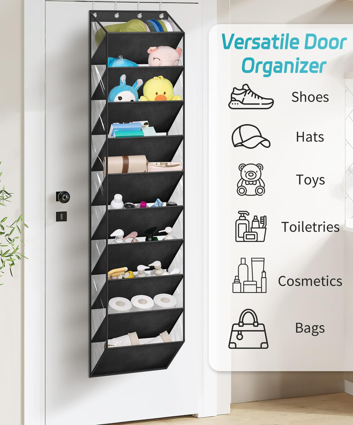 AOODA 10 Tier Clear Over the Door Shoe Organizer Storage, Deep Pockets Large Hanging Shoe Rack for Closet Door, Fit 20 Pairs Shoe Holder Hanger for Sneakers, Boots (Black) AOODA