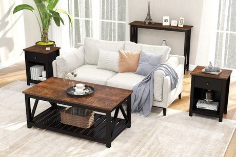 ChooChoo Black Coffee Table, Rustic Vintage Table with Shelf for Living Room, 40 Inch ChooChoo