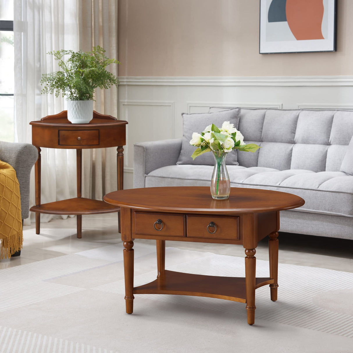 Leick Home Coastal Coffee Table, Solid Wood, Oval, with Drawer and Shelf, Pecan Brown, 20044-PC Leick Home