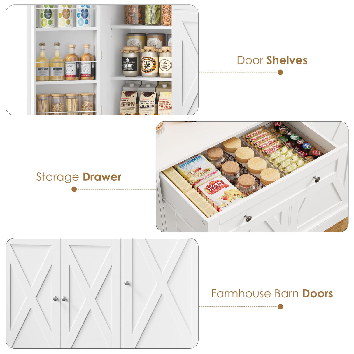 HIFIT 72.8” Tall Kitchen Pantry Cabinet with LED & Charging Station, 55” Wide Farmhouse Pantry Storage Cabinet with Microwave Stand&Shelves&Barn Doors, Kitchen Hutch Coffee Bar for Living Room, White HIFIT