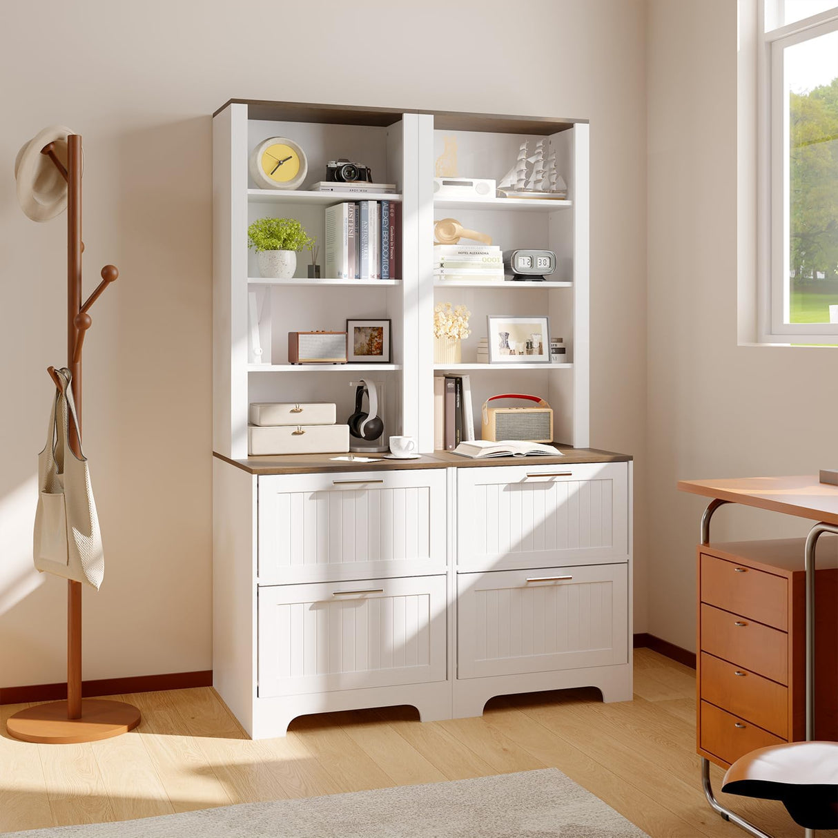 Garvee Bookcase with 2 File Drawers, 72in Tall Farmhouse Storage Cabinet Wooden Bookshelf with 2 Adjustable Shelves for Living Room Office Garvee