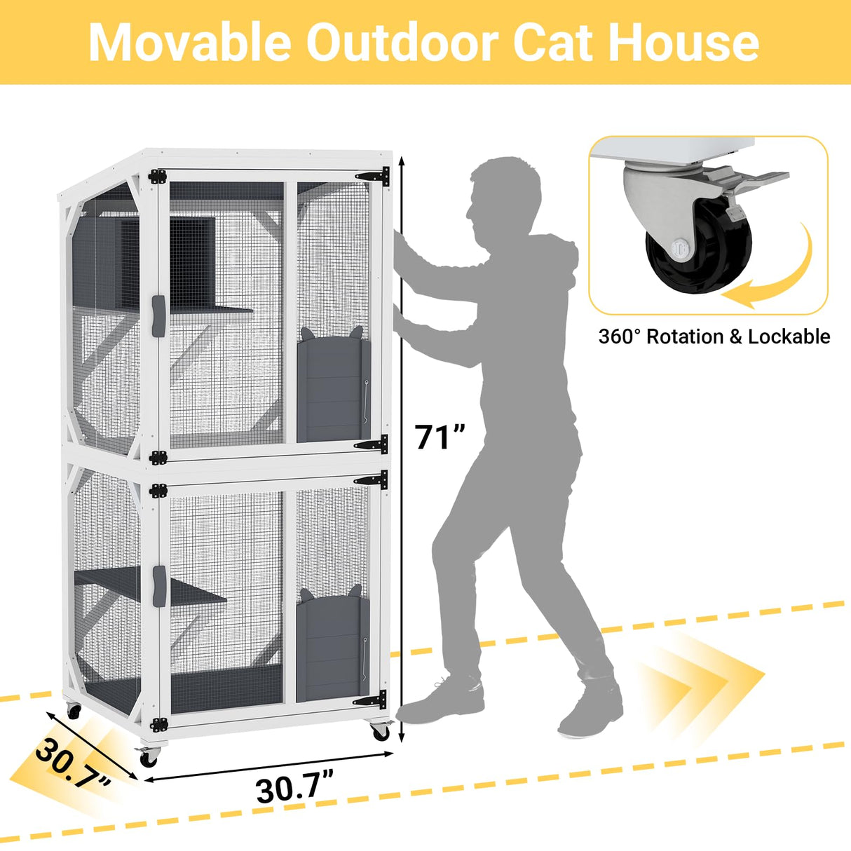Yafylly Catio Outdoor Cat Enclosure, Cat Condo for Patio, Wooden Movable Cats Cage with 4 Wheels, Outside Cats House Weatherproof, Cats Condo Outdoor with 3 Platforms Yafylly