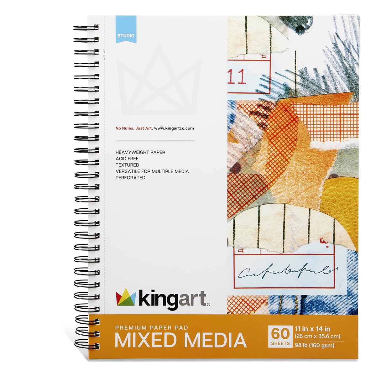 KINGART Mixed Media Paper Pad, 11×14″, 60 Perforated Sheets, 98 lb/160 GSM Heavyweight, Acid-Free, Spiral-Bound with Chipboard Backing, Ideal for Wet & Dry Media KINGART
