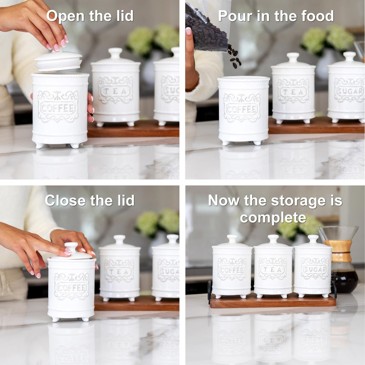 Large 35 Ounce Elegant Ceramic Kitchen Canisters Set of 3 - Beautifully Engraved Coffee Tea Sugar Storage Containers Airtight with Feet for Added Style and Stability - Ceramic Jar with Airtight Lid 25DOL