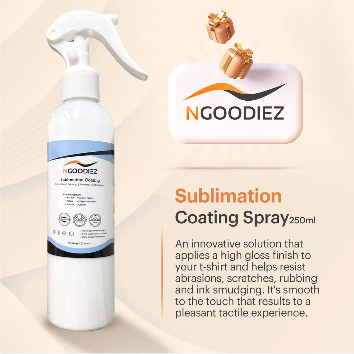 NGOODIEZ Sublimation Spray Bundle - 250 ml Sublimation Coating Spray for all Garments + High Gloss Finish Sublimation Coating for Mugs and Hard Surfaces 250 ml Super Adhesive Quick Dry Formula NGOODIEZ
