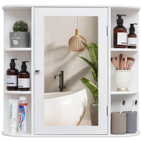 Iwell Bathroom Medicine Cabinet with Mirror, Bathroom Wall Cabinet with 2 Adjustable Shelves & 6 Open Shelves, Medicine Cabinet Organizer, Bathroom Cabinet Wall Mounted, White Iwell