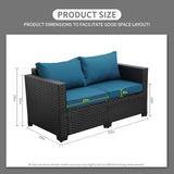 Rattaner Outdoor Furniture Loveseat Sofa Patio Furniture Small Sofa 2 Seater Couch with Anti-Slip Cushions Lumbar Pillow and Waterproof Cover, Peacock Blue Rattaner