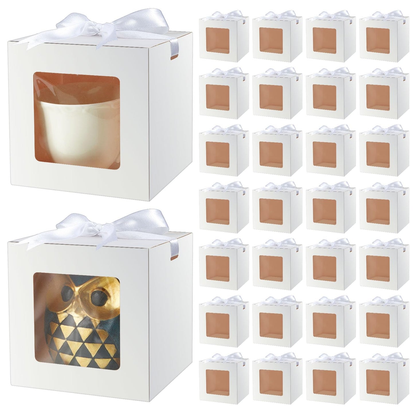 Yeaqee 100 Set5.1x5.1x5.1 White Gift Boxes, Mug Gift Box with Window for Presents, Small Bridesmaid Box for Gifts, Wedding, Crafting, Recyclable, Easy Assemble Cardboard Boxes