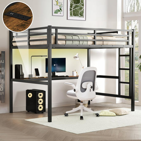 XUWANSHANG Loft Bed Full Size with Desk, Metal Heavy Duty Loft Bed with LED Lights, USB Port, Full Loft Bed Frames for Kids, Junior, Adults, Space Saving, Noise Free (Black, Full) XUWANSHANG