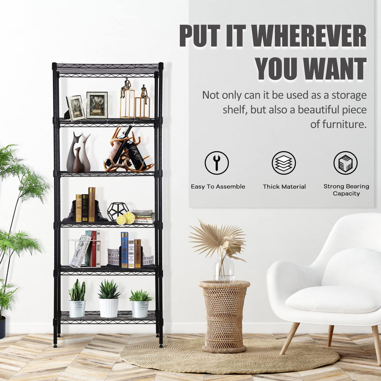 NChanmar 6-Tier Wire Shelving Unit Storage Shelves Metal Shelves 60"x23"x13" Heavy Duty Metal Storage Rack Wire Rack NSF Height Adjustable for Home Kitchen Bathroom Garage Shelving(Black) NChanmar