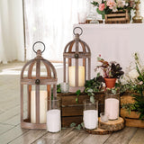 Staymoment Farmhouse Lantern Decor Set of 2 - Indoor Rustic Wooden Lanterns Decorative Candle Holder for Table Centerpiece Fireplace Mantle, 13" & 10" Hanging Home Decor, Brown Staymoment