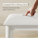 Einhomn Vanity Desk with Mirror & LED Lights, Fluted Makeup Table Set with Power Outlet & Hair Dryer Rack, Modern Dressing Table with Drawers & Adjustable Shelves, Cushioned Stool for Bedroom, White Einhomn