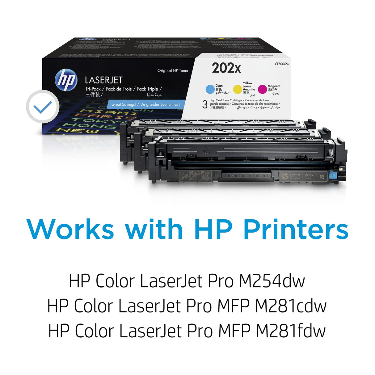 HP 202X Cyan, Magenta, Yellow High-yield Toner Cartridges (3-pack) | Works with HP Color LaserJet Pro M254, HP Color LaserJet Pro MFP M281 Series | CF500XM HP