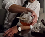 Attractive Home Bar Décor 5pc Whiskey/Wine Globe Decanter Set, World Etched Bottle with 4 Premium Glass Cups on Attractive Mahogany Wood Stand. - THE PERFECT PRESENT - Le'raze