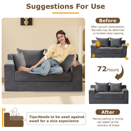 Convertible Sofa Bed, 3 in 1 Loveseat Folding Couch Bed Foldable - Boneless Couch & Floor Futon Sleeper, Corduroy Pull Out Sofa Bed with 4 Pillows for Living Room, Grey cidludto