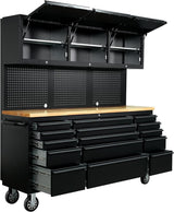 72-inch Rolling Tool Chest Cabinet Garage Workbench with 15 Storage Drawers and Wheels, 3 Upper Cabinet, Pegboard, Steel Large Tool Box for Garage Workshop, Matte Black MERXENG