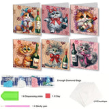 Ceitura 6Pcs Catoon Cat with Wine DIY Diamond Art Painting Crafts Rhinestone Painting Making Greeting Card Making Kit Postcard for Holiday Christmas New Year Party Favors 11.81 * 5.91 inch C'eitura