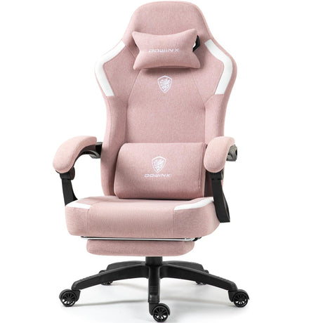 Dowinx Fabric Gaming Chair with Pocket Spring Cushion,Breathable Computer Chair with Massage Lumbar Support and Footrest,High Back Game Office Chair for Adult,Pink Dowinx