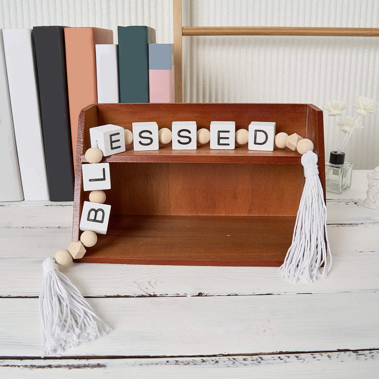 Blessed Letter Block Wood Bead Garland with Tassels, Farmhouse Decorative Beads, Modern Wooden Beads Garland for Tabletop, Tiered Tray, Mantel, Blessed Decor HEYTUYA