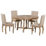 Merax 5-Piece Farmhouse Dining Furniture Set, Wooden Round Extendable Table, and 4 Upholstered Chairs, Natural Wood Wash Merax
