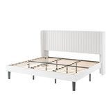 SHA CERLIN King Size Velvet Bed Frame with Vertical Channel Tufted Wingback Headboard, Upholstered Platform Bed with Wood Slats, No Box Spring Needed, Easy Assembly, White SHA CERLIN