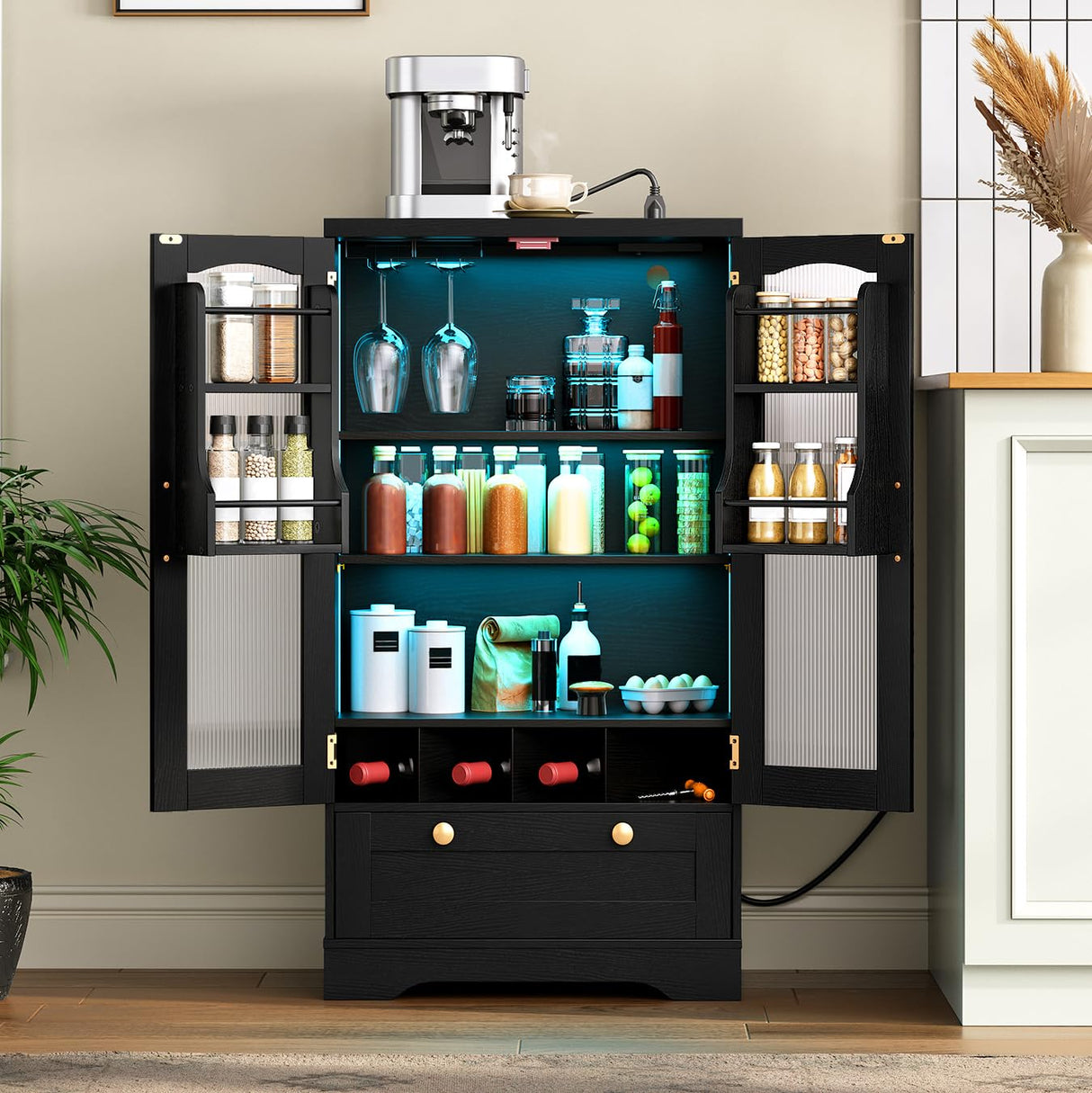 HOOBRO Kitchen Pantry Cabinet, Pantry Cabinet with Cup Holders and Wine Rack, Pantry Storage Cabinet with Charging Station and LED Lights, Pantry with Drawers for Dining Room, Black and Gold HOOBRO