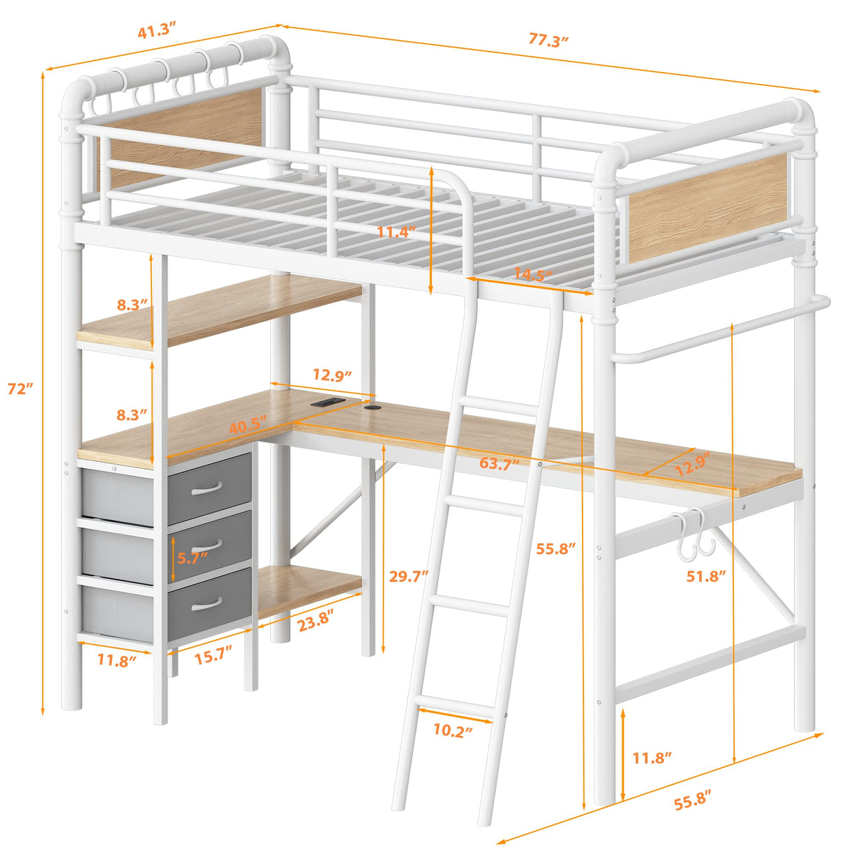 Jocoevol Twin Size Heavy Duty Metal Loft Bed with L-Shaped Desk, LED Lights,Charging Station, Industrial Loft Bed Frame with 3 Storage Shelves and 3 Fabric Drawers, Safety Guard & Ladder (White) Jocoevol